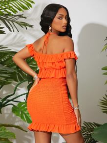 SHEIN SXY Boho Halter Off Shoulder Ruffle Trim Shirred Bodycon Tropical Dress - Orange - View 2