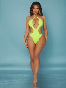 Neon Yellow Cut-out Criss Cross One Piece Swimsuit - Yellow - View 3