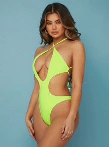 Neon Yellow Cut-out Criss Cross One Piece Swimsuit - Yellow - View 4