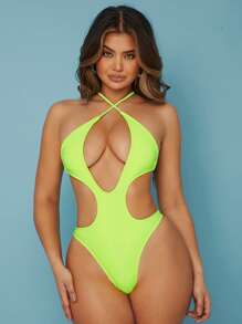 Neon Yellow Cut-out Criss Cross One Piece Swimsuit - Yellow - View 7