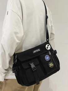 Men Patch Detail Release Buckle Decor Messenger Bag - Black - View 1