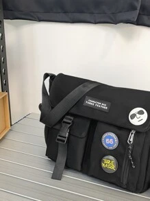 Men Patch Detail Release Buckle Decor Messenger Bag - Black - View 5