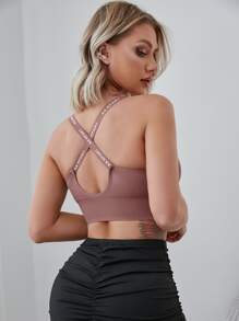 Easithlete Medium Support  Letter Graphic Zip Front Sports Bra - Dusty Pink - View 1