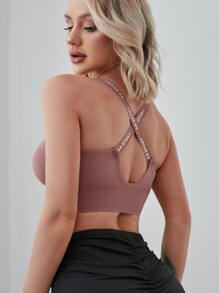 Easithlete Medium Support  Letter Graphic Zip Front Sports Bra - Dusty Pink - View 3