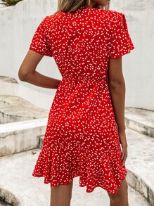 SHEIN Unity Confetti Heart Print Ruffle Hem Belted Wrap Dress - Red - View 2