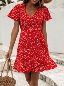 SHEIN Unity Confetti Heart Print Ruffle Hem Belted Wrap Dress - Red - View 6
