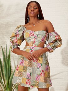 SHEINNeu Patchwork Print Asymmetrical Neck Cut Out Waist Dress