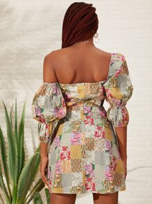 SHEINNeu Patchwork Print Asymmetrical Neck Cut Out Waist Dress