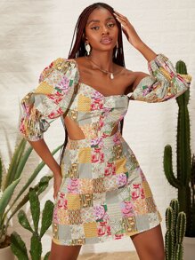 SHEINNeu Patchwork Print Asymmetrical Neck Cut Out Waist Dress
