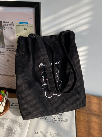 Lightweight,Business Casual Animal Embroidery Corduroy Tote Bag, Cartoon Pattern Shoulder Bag, Casual Hand School Purse For Teen Girls Women College Students,Rookies & White-collar Workers Perfect for Office,College,Work ,Business,Commute,Outdoors, Travel, Outings