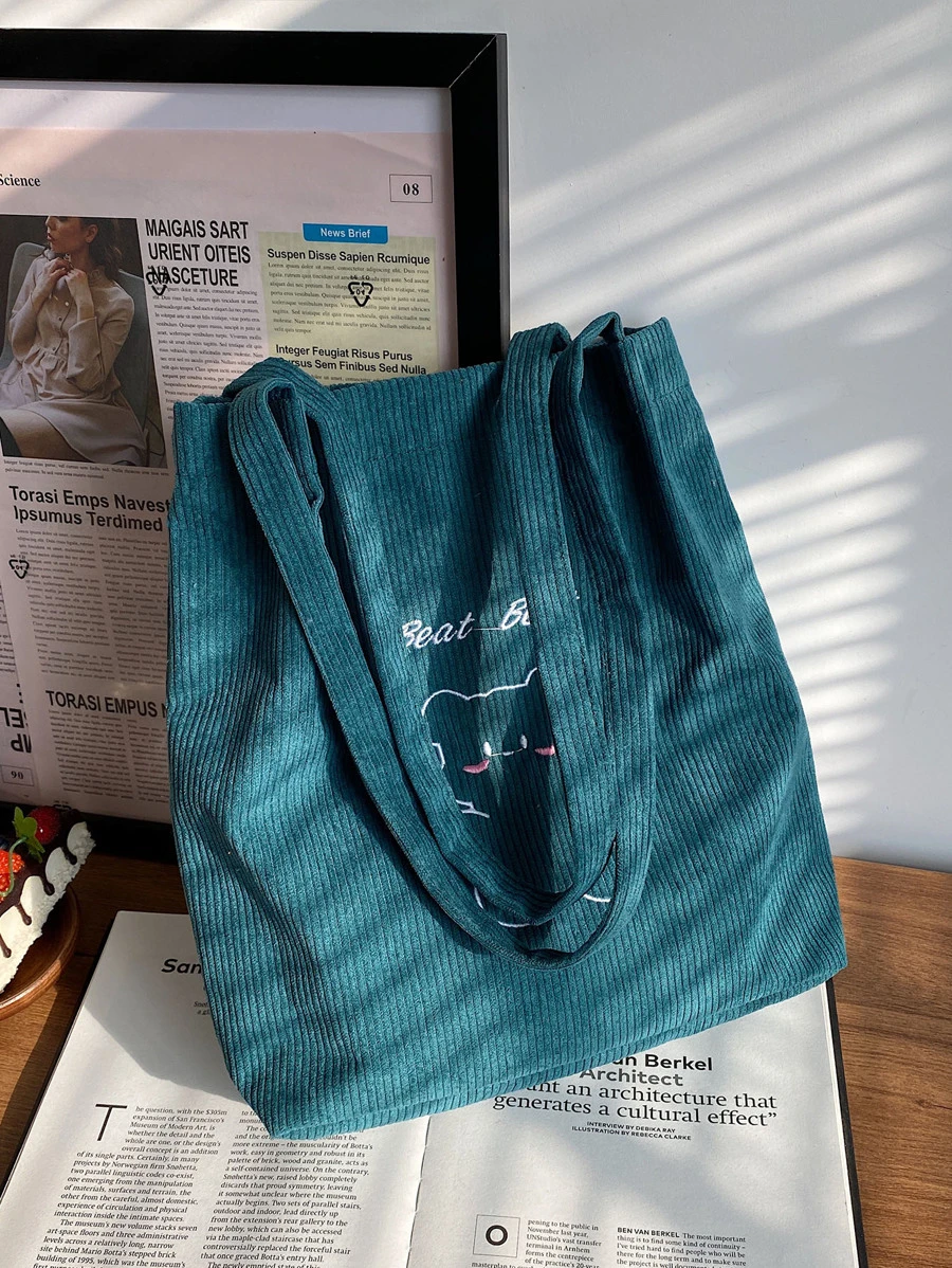 Letter & Cartoon Bear Embroidery Corduroy Square Bag - Green - View 1