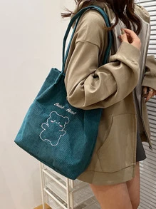 Letter & Cartoon Bear Embroidery Corduroy Square Bag - Green - View 2