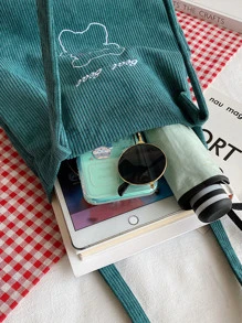 Letter & Cartoon Bear Embroidery Corduroy Square Bag - Green - View 4