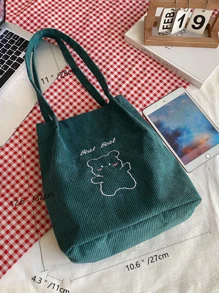 Letter & Cartoon Bear Embroidery Corduroy Square Bag - Green - View 5