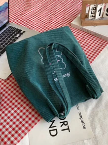 Letter & Cartoon Bear Embroidery Corduroy Square Bag - Green - View 6