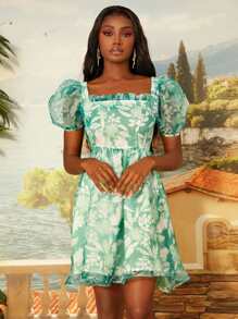 SHEINNeu Vestido con estampado floral ribete con fruncido de cuello cuadrado de manga farol - Multicolor - Ver 1