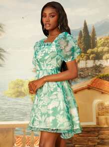 SHEINNeu Vestido con estampado floral ribete con fruncido de cuello cuadrado de manga farol - Multicolor - Ver 3