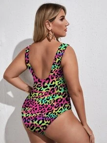 SHEIN Swim Curve Plus Size Leopard Lace-Up One Piece Swimsuit Summer - Multicolor - View 2