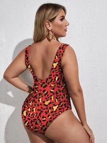 SHEIN Swim Curve 豹纹系带连体泳衣，适合夏季海滩度假 - 彩色 - 查看 2