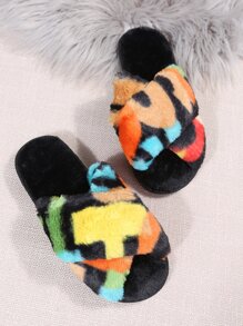 Colorblock Cross Strap Fluffy Bedroom Slippers - Multicolor - View 1