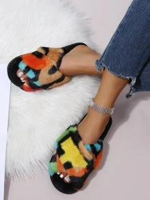 Colorblock Cross Strap Fluffy Bedroom Slippers - Multicolor - View 2