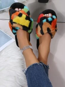 Colorblock Cross Strap Fluffy Bedroom Slippers - Multicolor - View 3