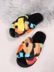 Colorblock Cross Strap Fluffy Bedroom Slippers - Multicolor - View 4