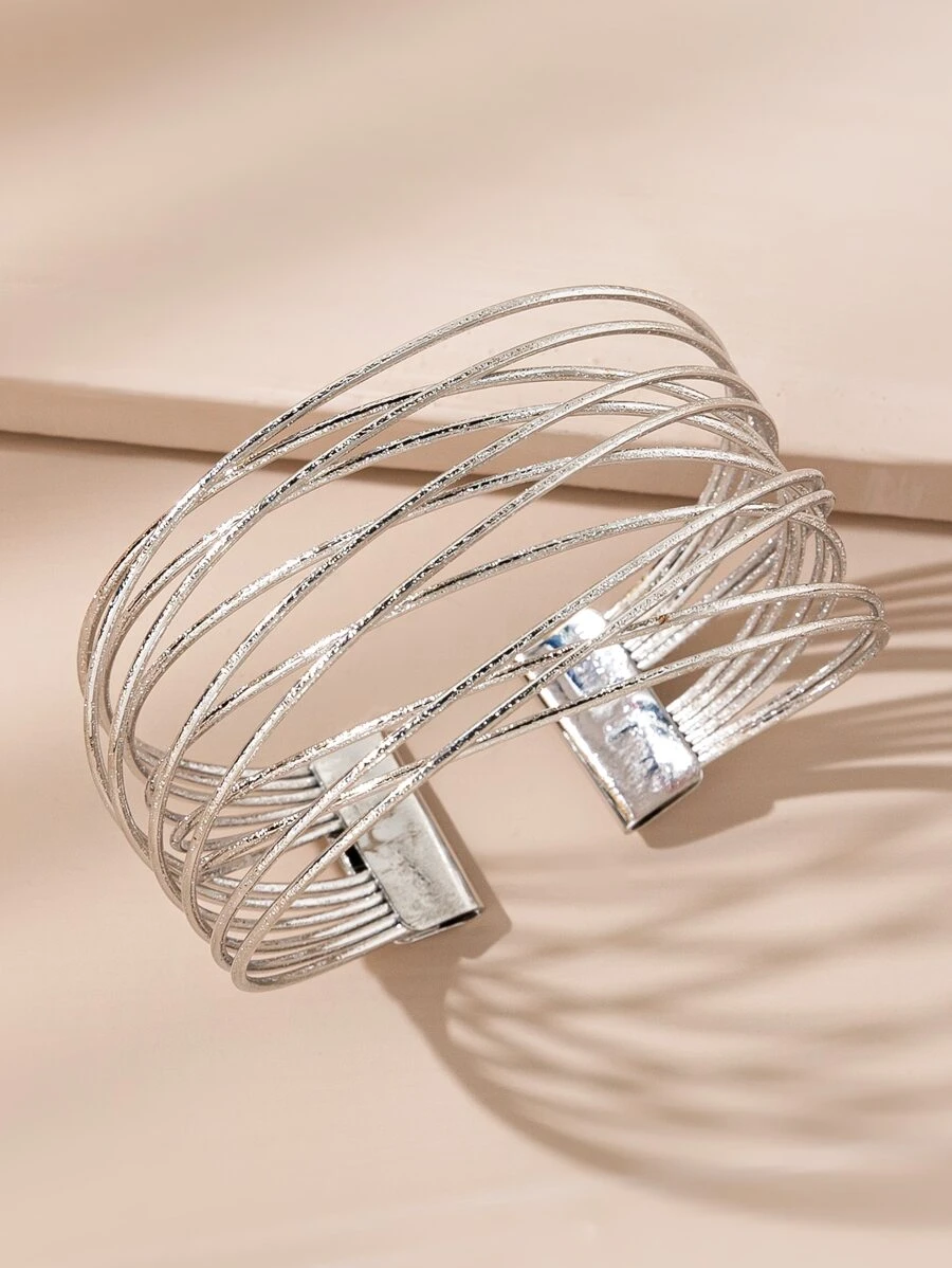 1pc Fashionable Women's Multi-layered Metal Decorated Open Bangle - Silver - View 1