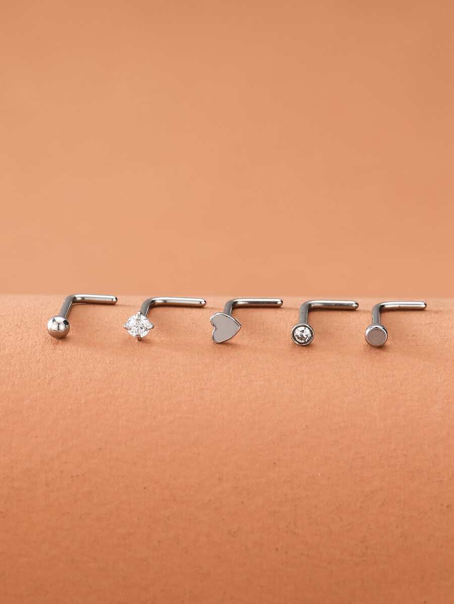 5 piezas/set Anillo de nariz con decoración de corazón, Piercing perfecto Punk de moda de acero inoxidable para mujeres y hombres, regalo de joyería corporal - Plateado - Ver 1