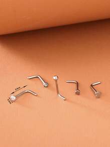 5 piezas/set Anillo de nariz con decoración de corazón, Piercing perfecto Punk de moda de acero inoxidable para mujeres y hombres, regalo de joyería corporal - Plateado - Ver 3