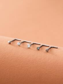 5 piezas/set Anillo de nariz con decoración de corazón, Piercing perfecto Punk de moda de acero inoxidable para mujeres y hombres, regalo de joyería corporal - Plateado - Ver 4