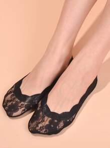 Scallop Trim Lace Invisible Socks - Black - View 1