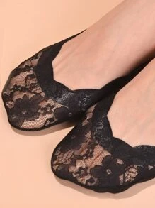 Scallop Trim Lace Invisible Socks - Black - View 5