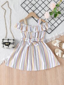Niñas Vestido con cinturón de rayas de hombros descubiertos ribete con fruncido - Multicolor - Ver 1