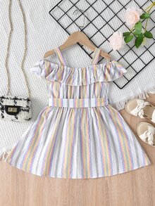 Niñas Vestido con cinturón de rayas de hombros descubiertos ribete con fruncido - Multicolor - Ver 2