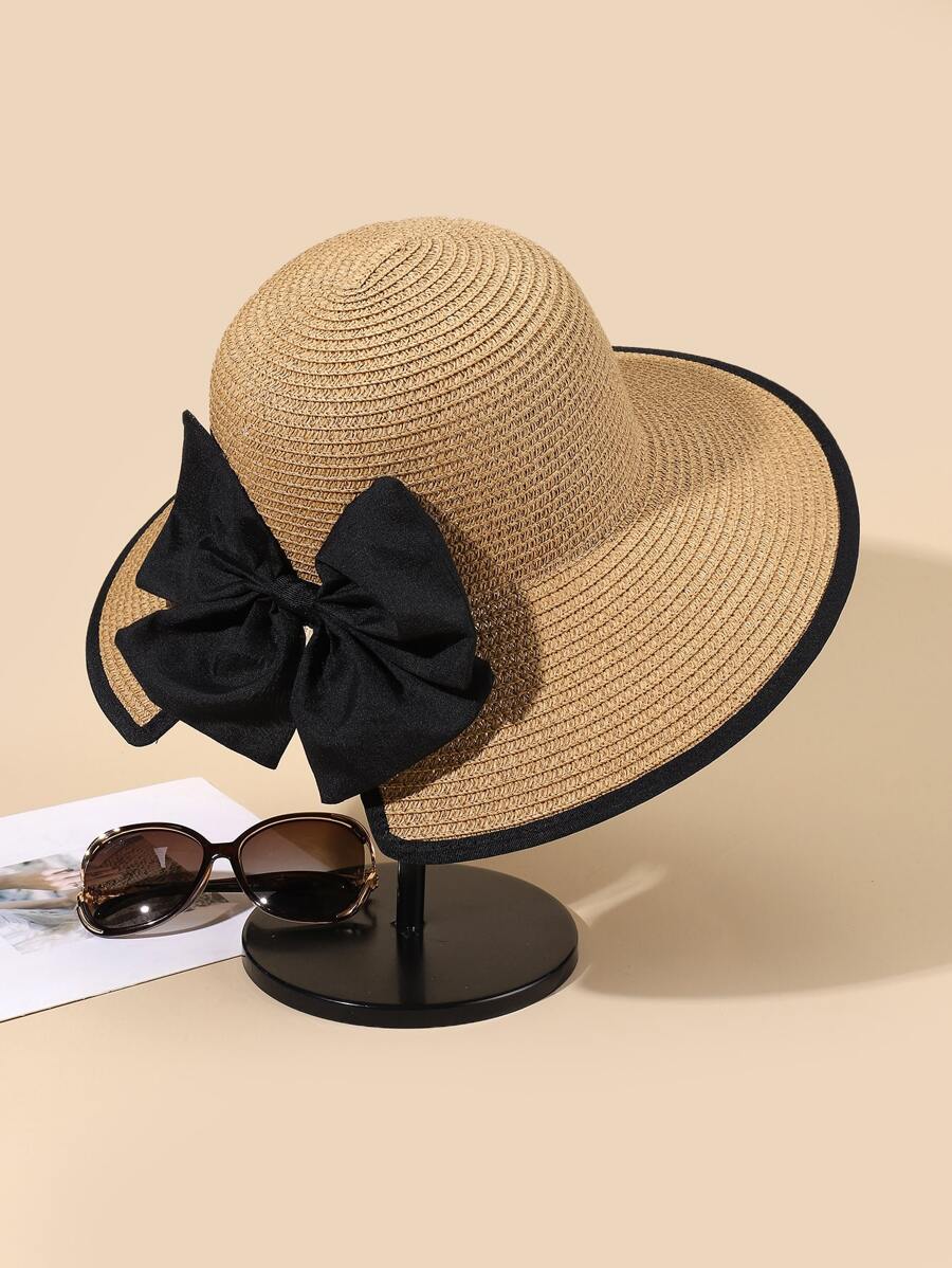 Mũ chống nắng Boho 1 chiếc có dây chia đôi & trang trí nơ & vành rộng, lý tưởng cho các hoạt động ngoài trời Ngày lễ tình nhân - Màu Khaki - Xem 1