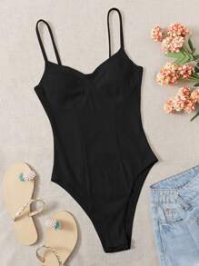 SHEIN EZwear 黑色纯色紧身胸衣罗纹针织连体衣