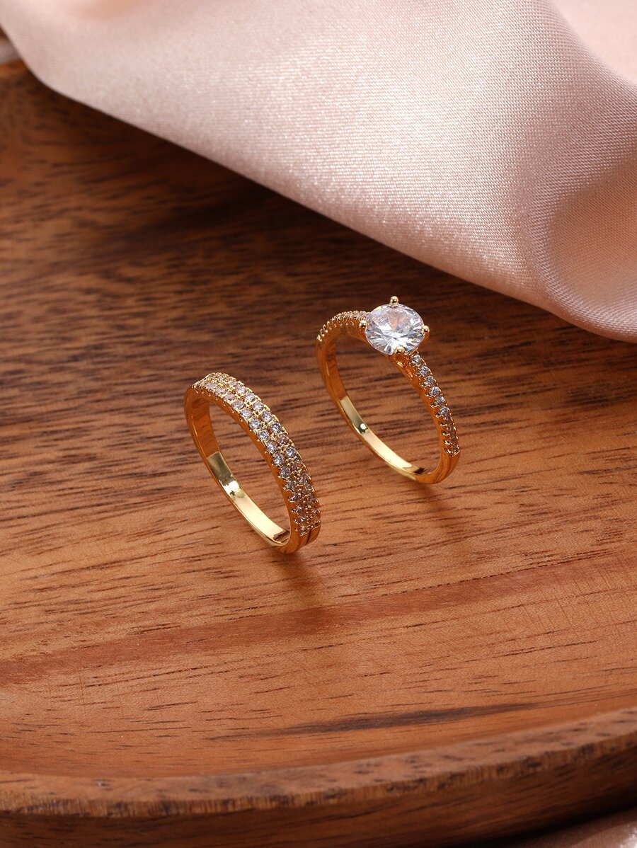 2 Miếng Nhẫn Cặp đôi Khối Zirconia  Trang trí - Vàng - Xem 1