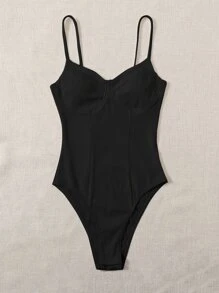 SHEIN EZwear 黑色纯色紧身胸衣罗纹针织连体衣