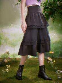 ROMWE Fairycore Váy nữ Tương phản ren phân lớp màu trơn Giải trí - màu đen - Xem 1