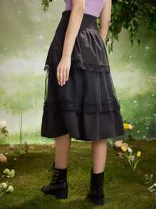 ROMWE Fairycore Váy nữ Tương phản ren phân lớp màu trơn Giải trí - màu đen - Xem 2