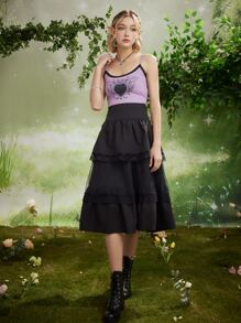 ROMWE Fairycore Váy nữ Tương phản ren phân lớp màu trơn Giải trí - màu đen - Xem 4