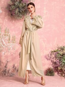 Al Najma Abaya à paillettes à franges ceinturé - Champagne - Voir 4