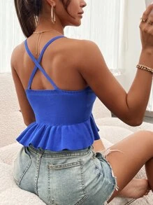 Criss-cross Back Ruffle Hem Crop Knit Top - Royal Blue - View 2