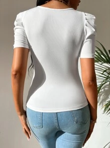 SHEIN Tall Scoop Neck Puff Sleeve Tee - White - View 2