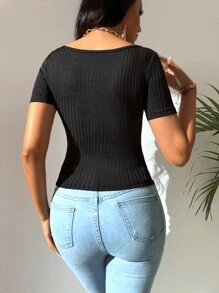 SHEIN Tall Sweetheart Neck Knot Front Tee - Black - View 2