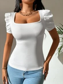 SHEIN Tall Scoop Neck Puff Sleeve Tee - White - View 3