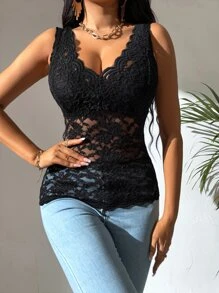 SHEIN Tall Scallop Trim Lace Tank Top - Black - View 3