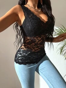 SHEIN Tall Scallop Trim Lace Tank Top - Black - View 4