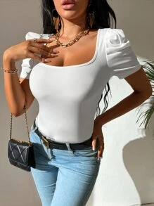 SHEIN Tall Scoop Neck Puff Sleeve Tee - White - View 4